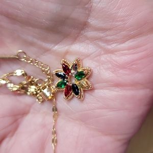 Flower Petal Necklace Multi-Colored Zircons Red Green Goldtone Adj18" New